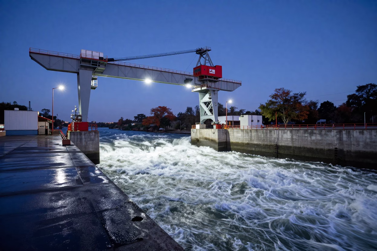 Gantry Crane Above Roaring White Water at Night in along concrete walls above turbulent water in Mexico
