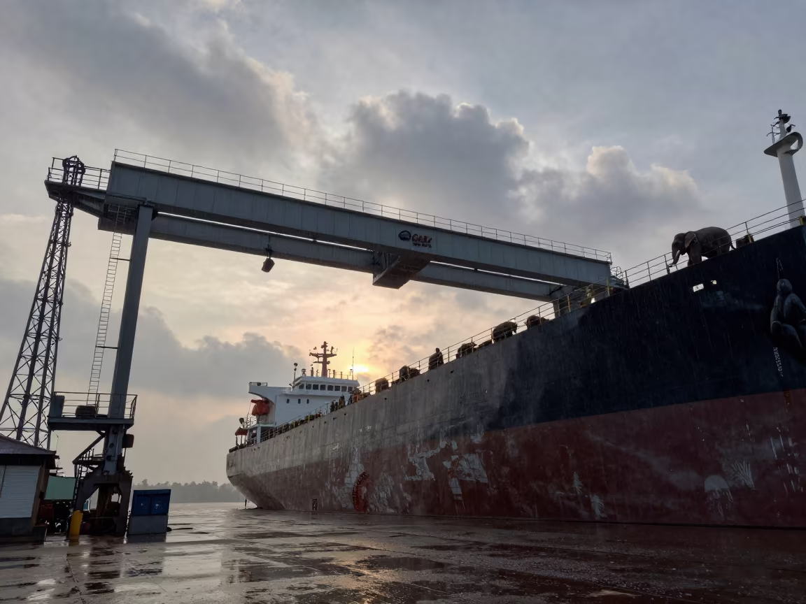 Gantry Looms Over Ship Hull in Gray Rain in under gantries and utility towers near Jabalpur