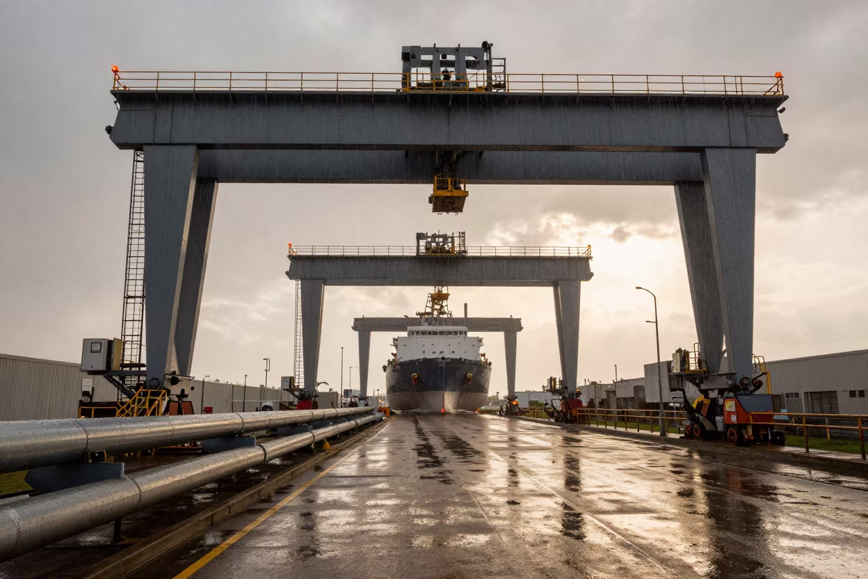 Gantry Shipyard Over Hull in Gray Rain Golden Hour in along a service road lined with pipes near Dallas