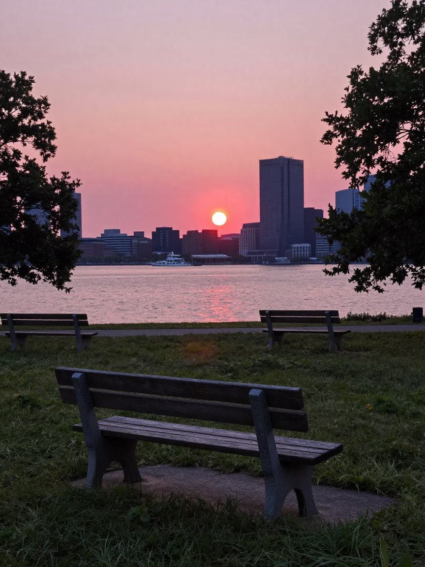 Garden Benches in Boston at Sunset Light in in Boston, Massachusetts, United States