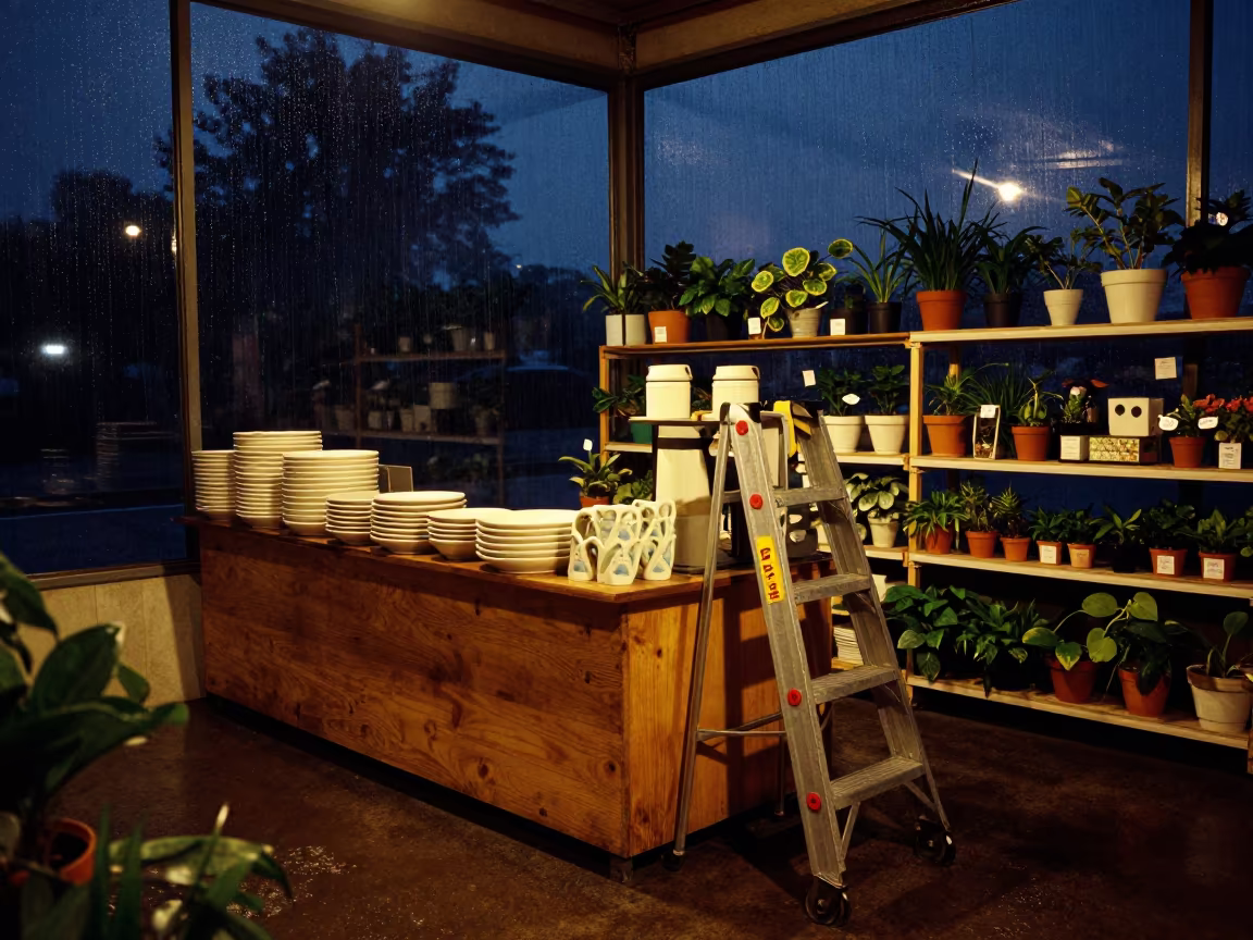 Garden Center Checkout Night Firelight Biskra in inside a stockroom behind the sales floor near Biskra