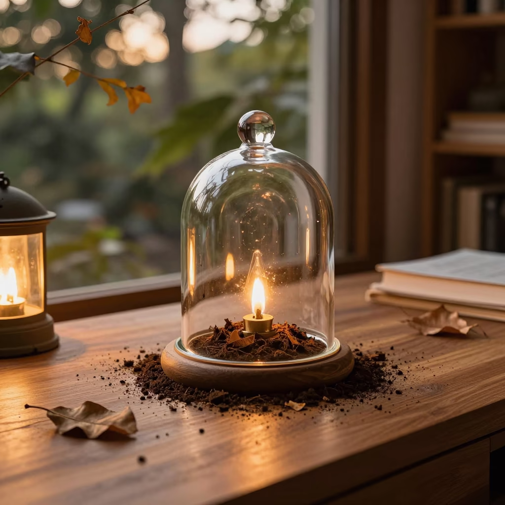 Garden Cloche on Desk in Golden Hour Light in on a writing desk near Jakarta