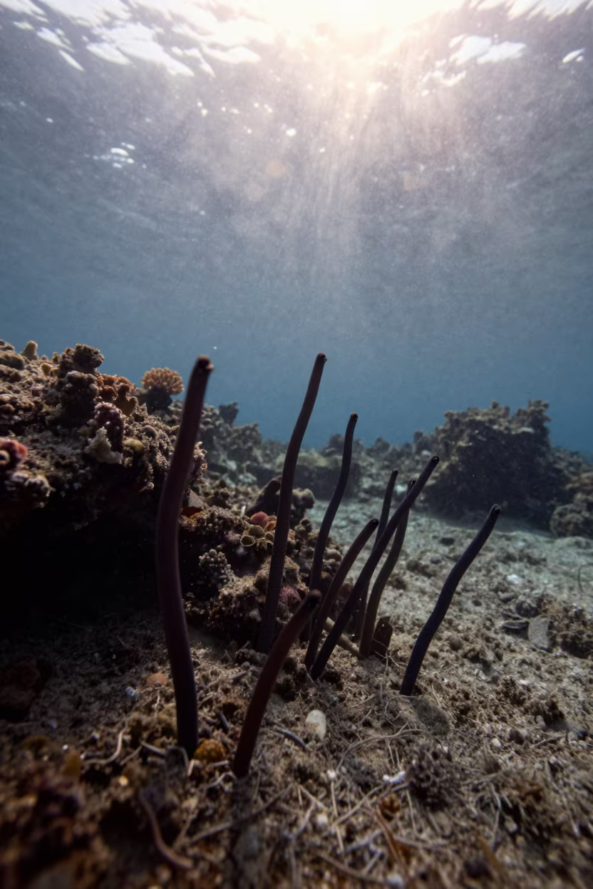 Garden Eels Swaying on Sandy Reef at Dawn in beneath a reef ledge in tropical shallows near Denpasar