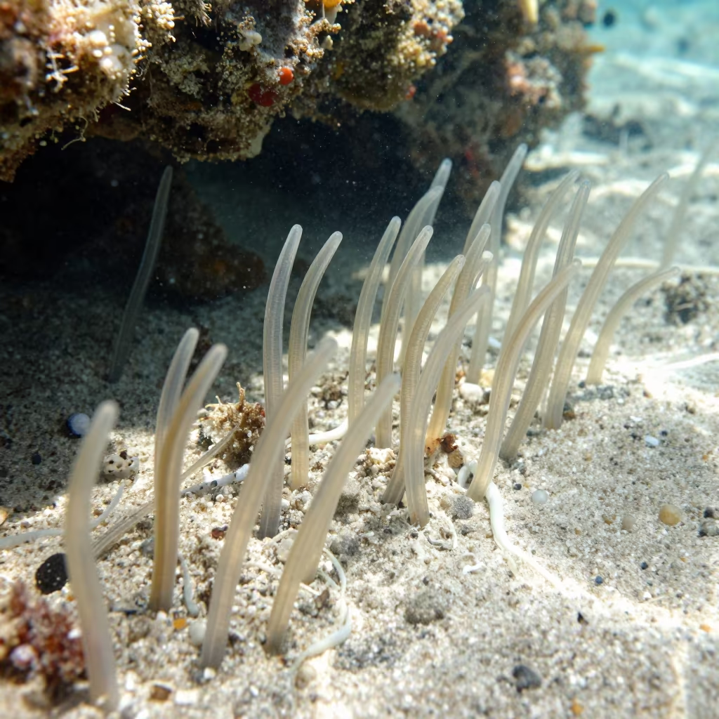 Garden Eels Swaying on Sandy Reef Slope in beneath a reef ledge in tropical shallows near Belize City