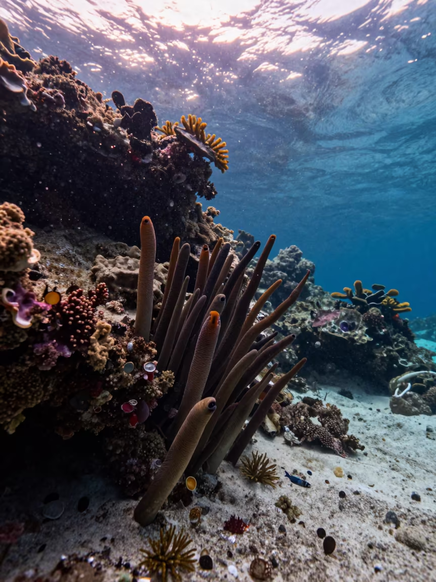 Garden Eels Swaying on Sandy Reef at Sunset in beneath a reef ledge in tropical shallows near Stone Town