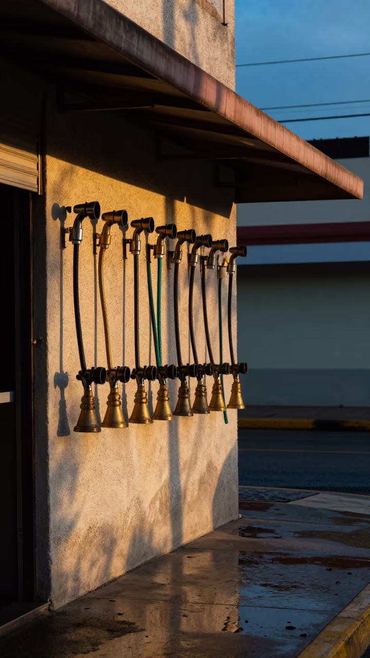 Garden Hose Nozzles on Wall Matanzas Blue Hour in beneath a shop awning at blue hour in Matanzas