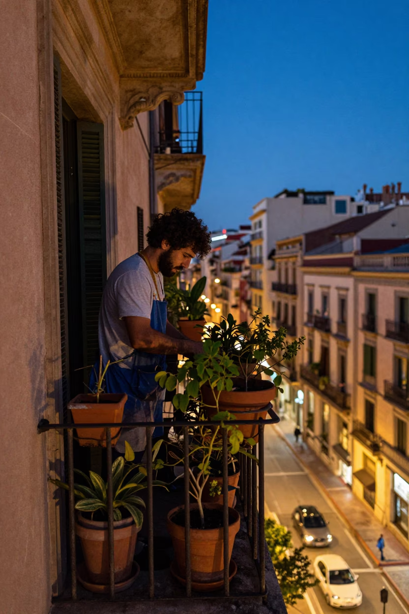 Gardener after dark in Barcelona in in Barcelona, Spain