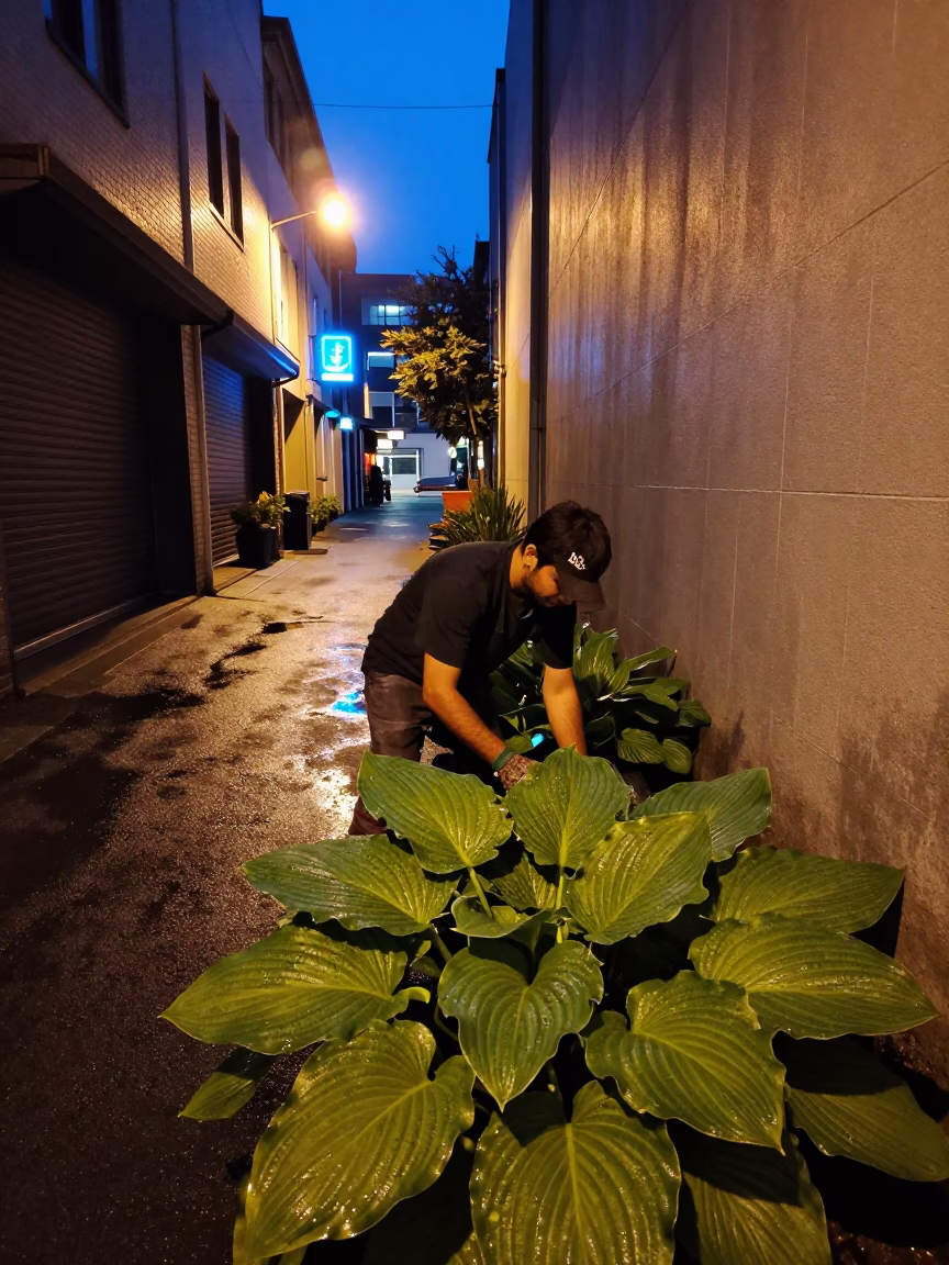 Gardener after dark in Christchurch in in Christchurch, New Zealand