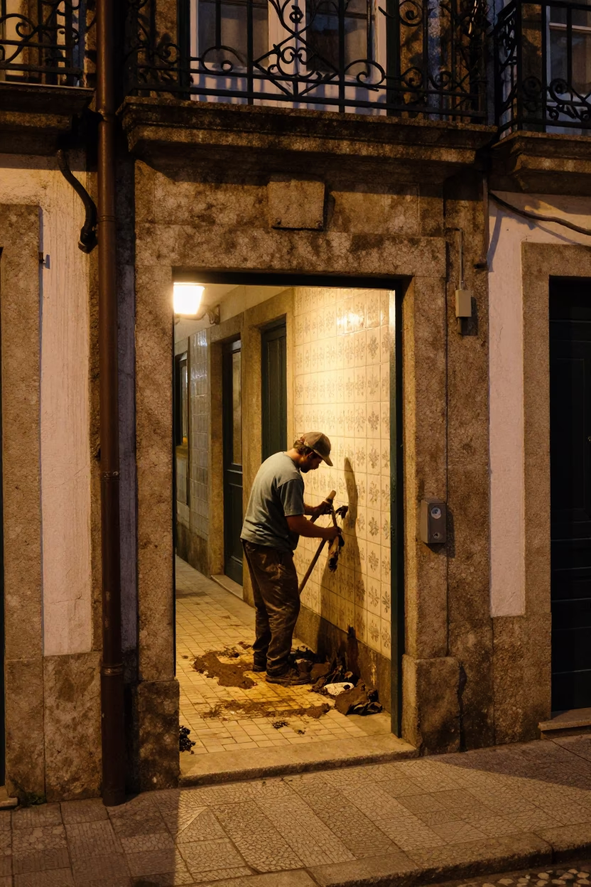 Gardener after dark in Porto in in Porto, Portugal