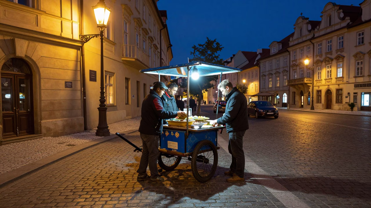 Gardener after dark in Prague in in Prague, Czech Republic
