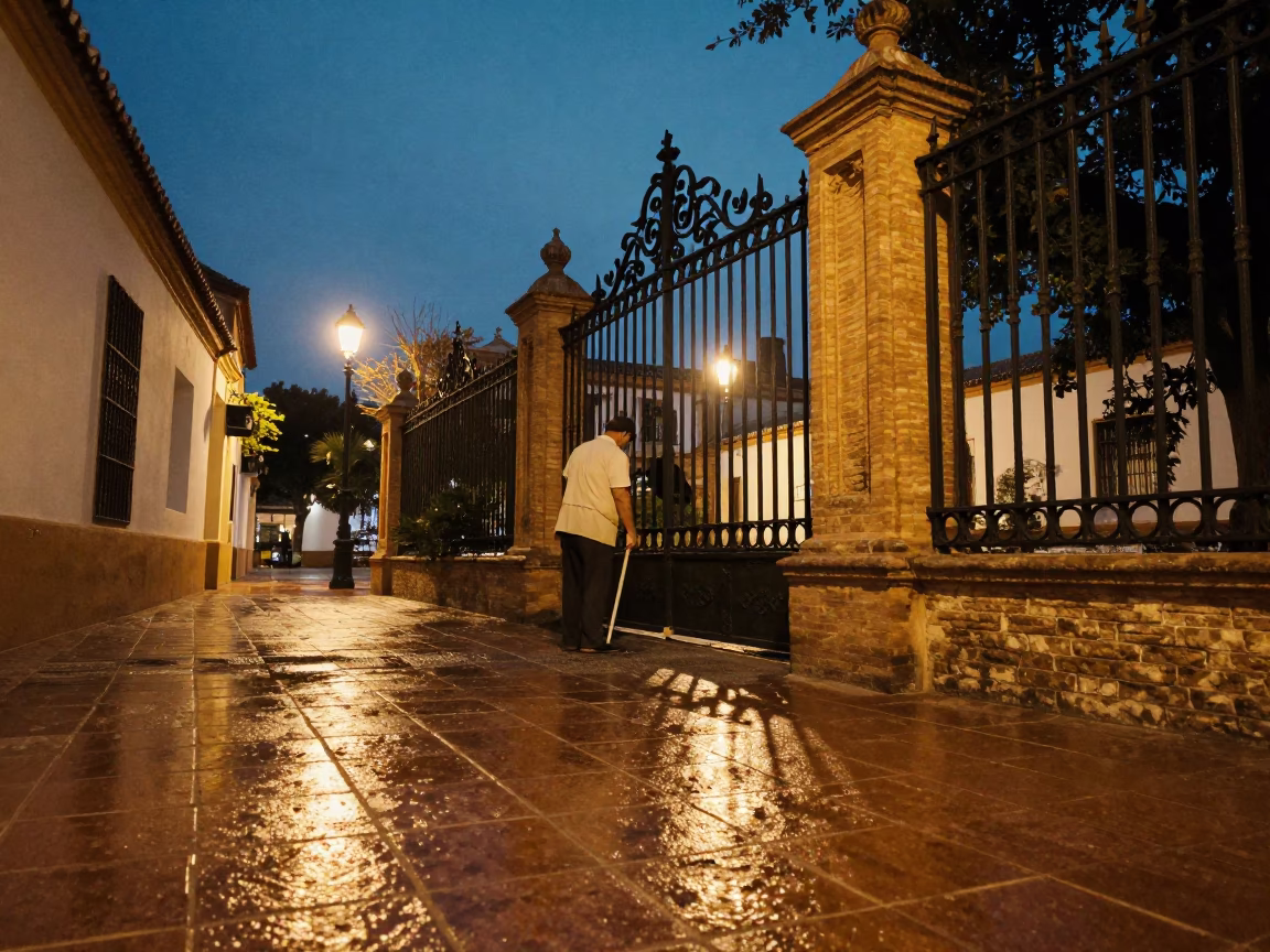Gardener after dark in Seville in in Seville, Spain