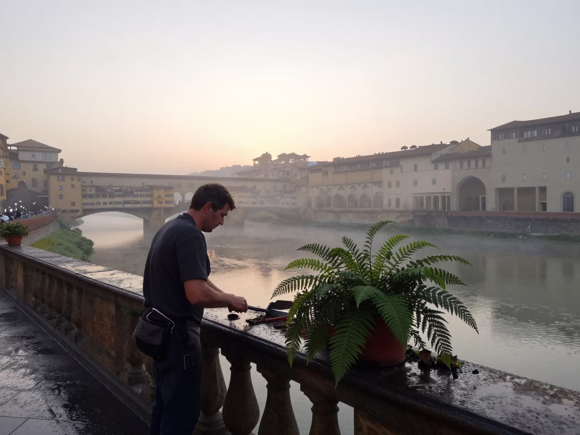 Gardener in Florence at Dawn Light in in Florence, Italy