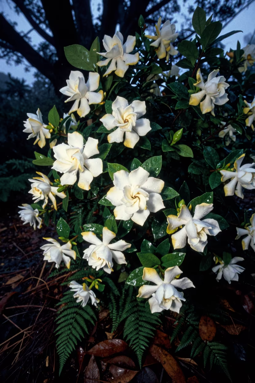 Gardenia Bush in Canary Islands Forest Drizzle in on a fern-lined forest floor in the Canary Islands