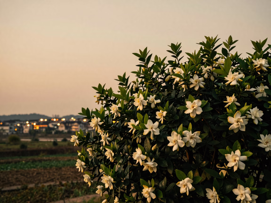 Gardenia Bush Twilight Guizhou with Distant Glow in in Guizhou