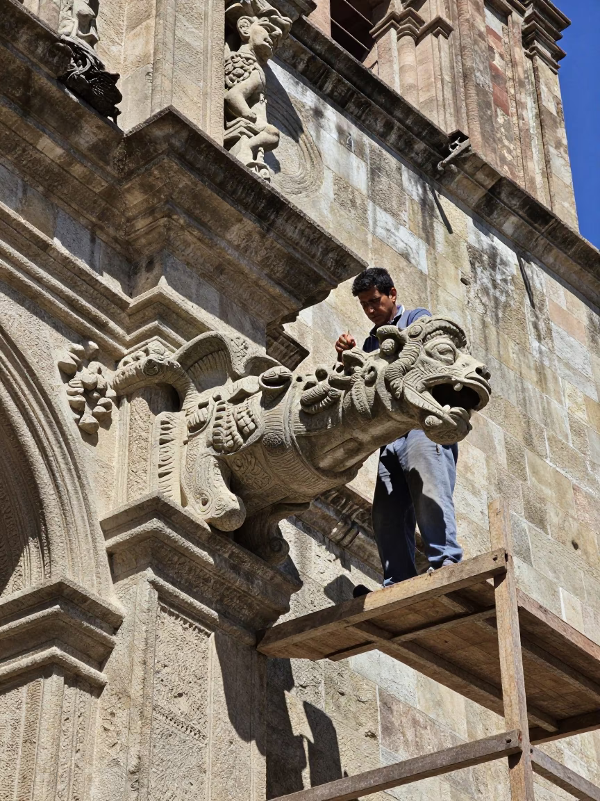 Gargoyle Detail in Oaxaca at Bright Midmorning Light in in Oaxaca, Mexico