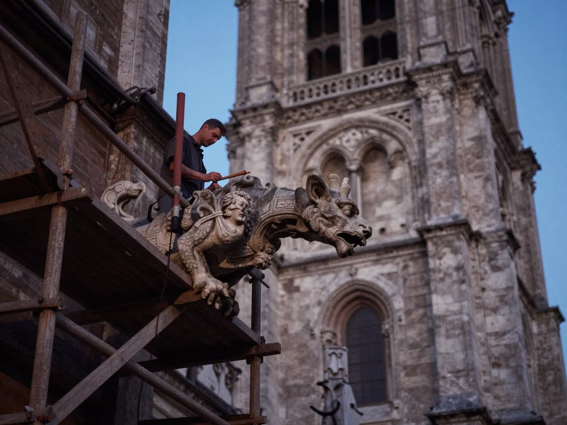 Gargoyle Detail in Rome at The Still Hours Before Dawn Light in in Rome, Italy
