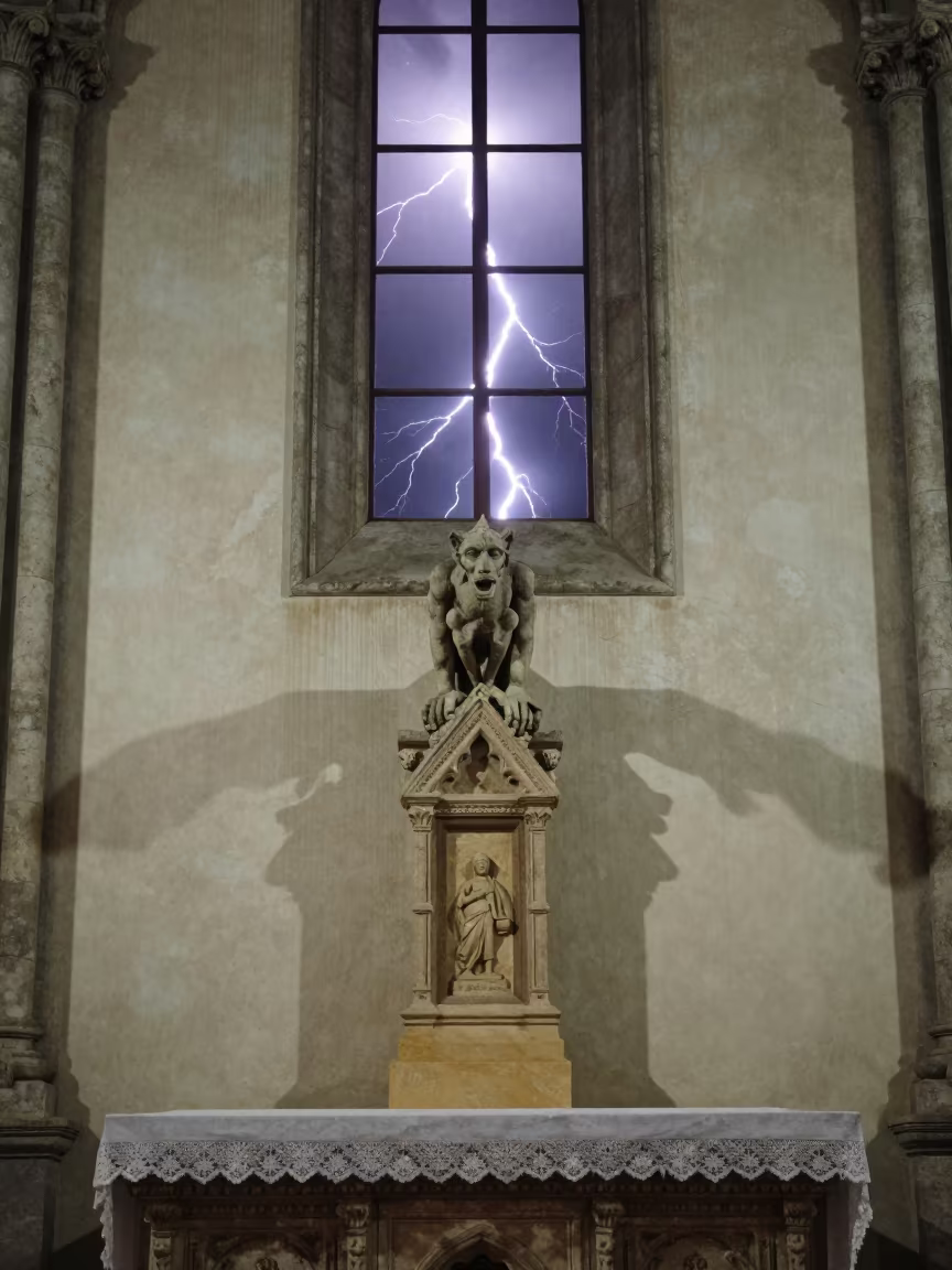 Gargoyle Silhouette Against Lightning Sky in Cathedral in at the foot of a stone altar in Port-de-Paix