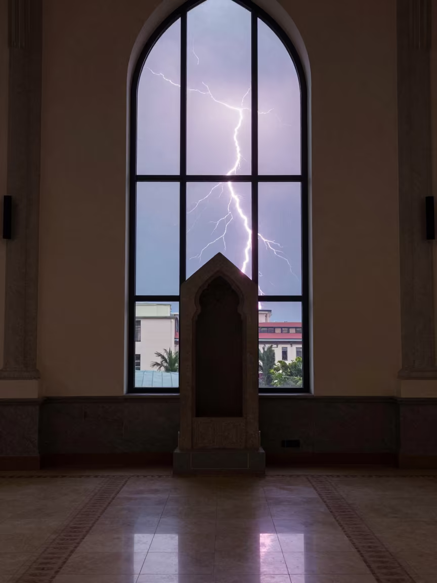 Gargoyle Silhouette Against Lightning Sky in in a mosque prayer hall in Minneapolis