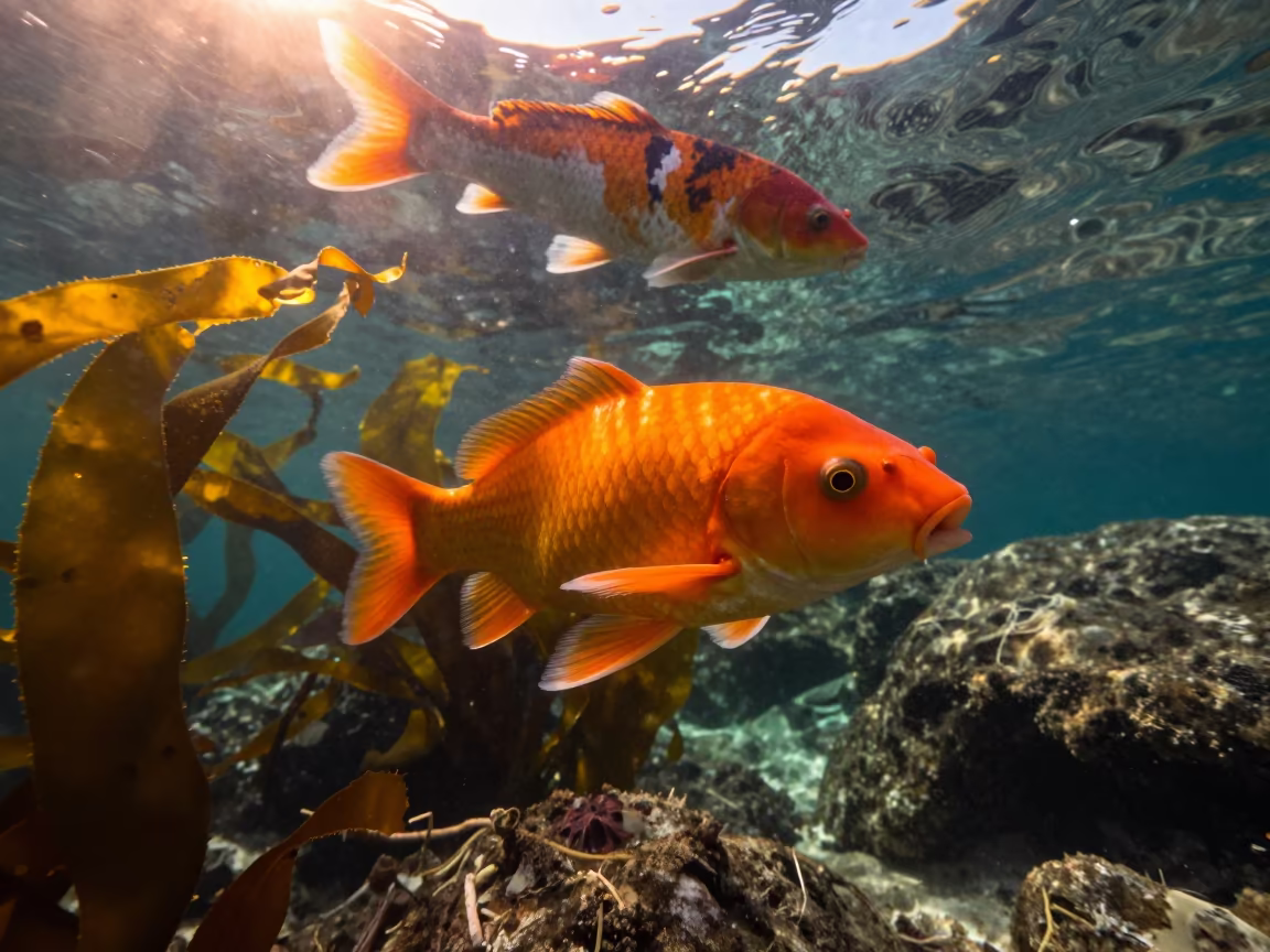 Garibaldi Fish Defending Kelp Under Giant Koi in through kelp fronds beside a rocky shelf near Durban