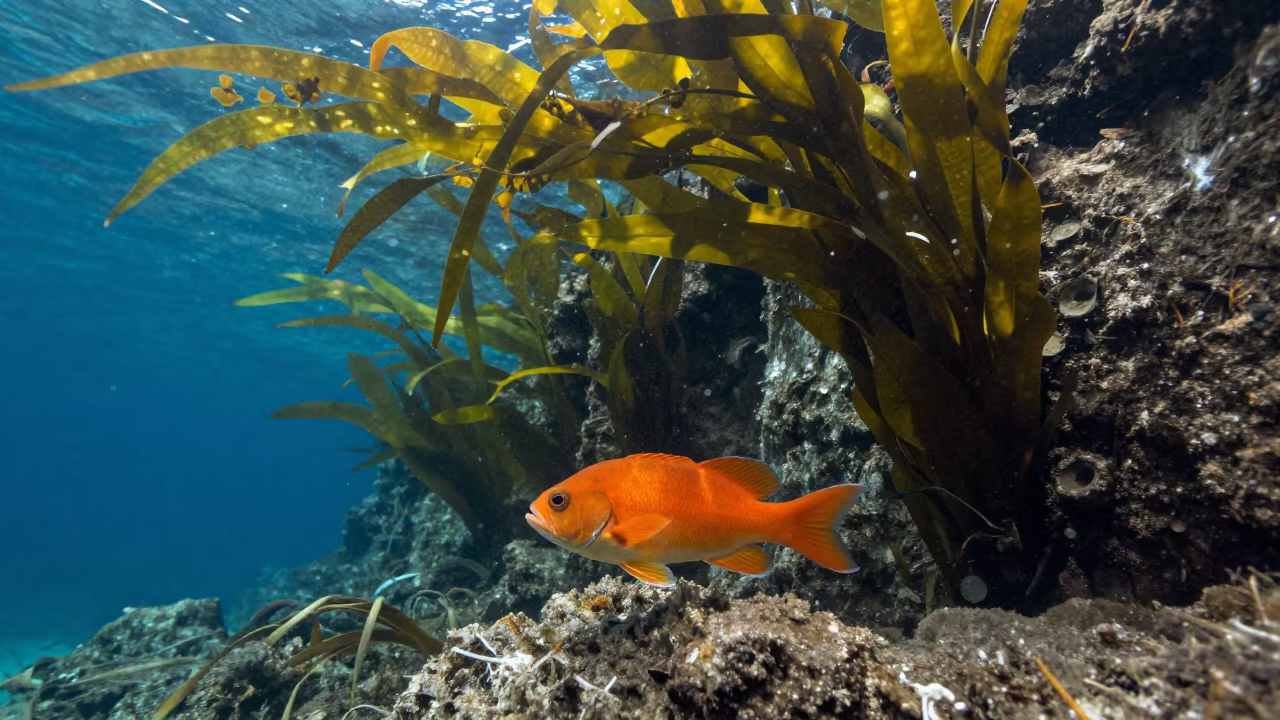 Garibaldi Fish Defending Kelp Forest Territory in through kelp fronds beside a rocky shelf in Habana Vieja, Havana