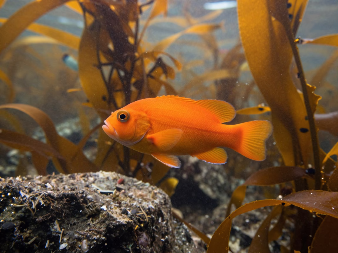 Garibaldi Fish Defending Territory in Norwegian Kelp Forest in through kelp fronds beside a rocky shelf in Norway