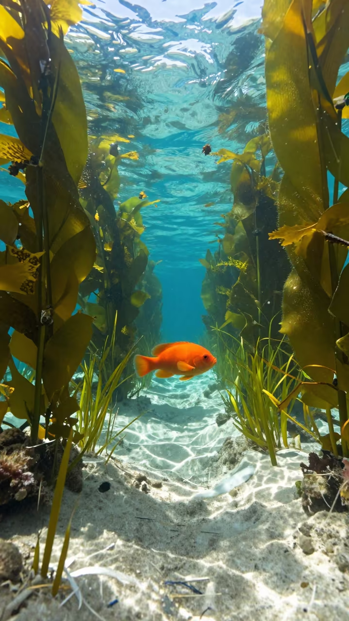 Garibaldi Fish Defending Territory in Hokkaido Kelp Forest in along a seagrass channel near the coast in Hokkaido
