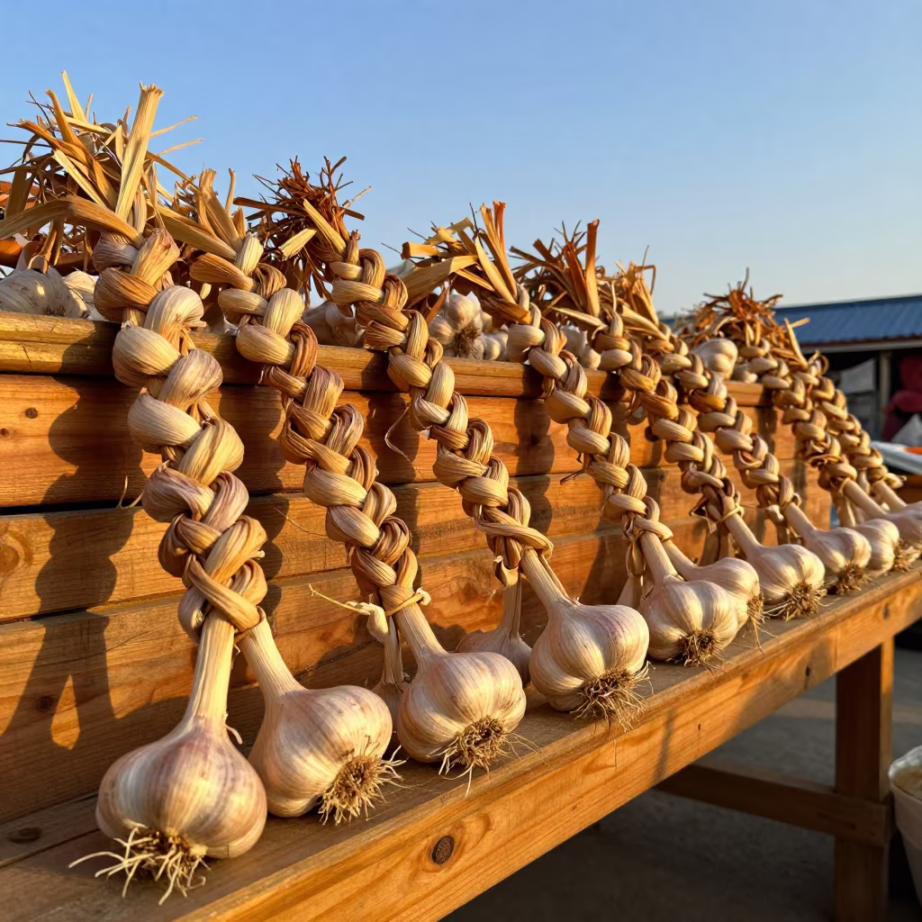 Garlic Braids on Hohhot Market Bench at Sunset in at a flower auction bench in Hohhot