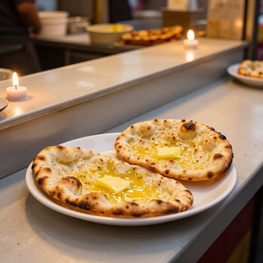 Garlic Butter Naan on Market Stall Counter in at a market stall counter in Bo
