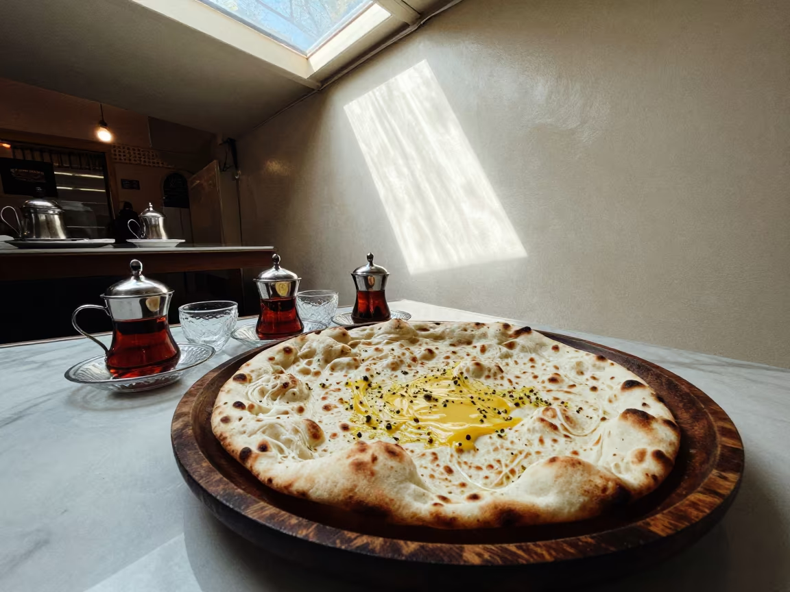 Garlic Butter Naan on Tray in Damascus Tea House in on a tea house tray in Damascus