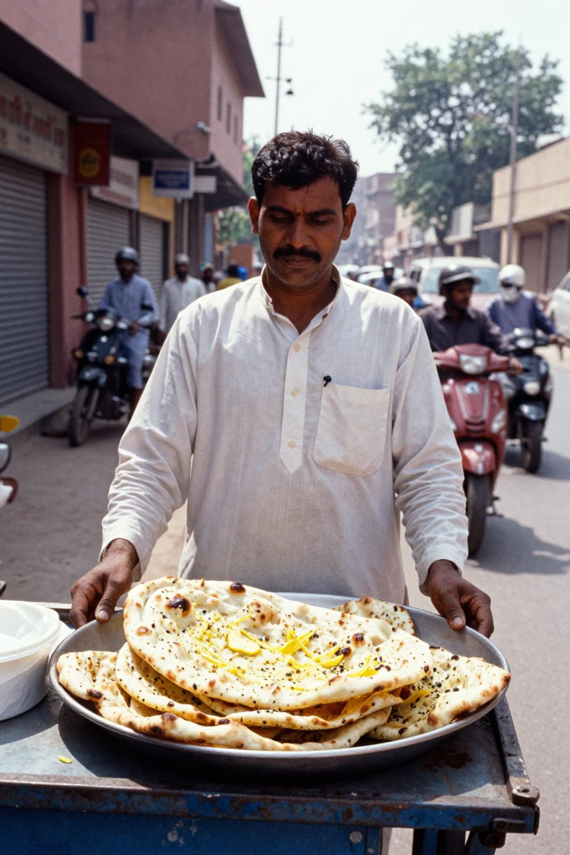 Garlic Naan in Jaipur at Bright Midmorning Light in in Jaipur, India