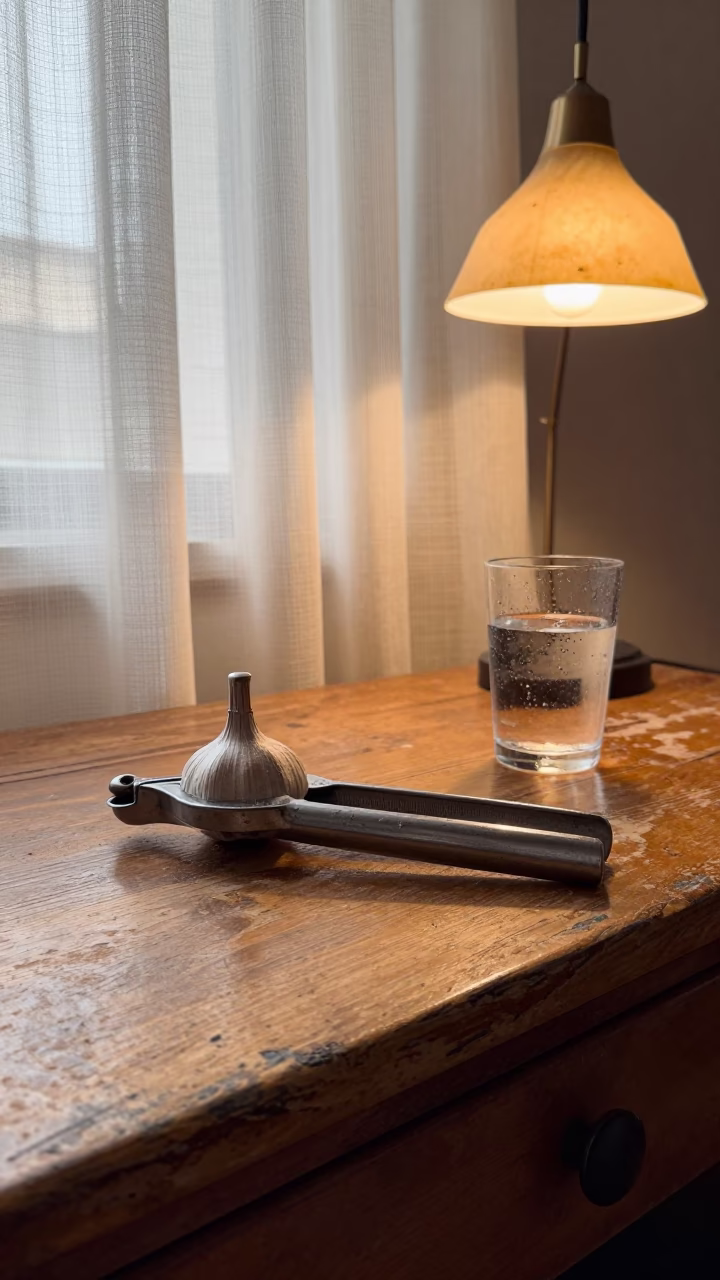 Garlic Press on Early Morning Desk in Settat in on a writing desk in Settat