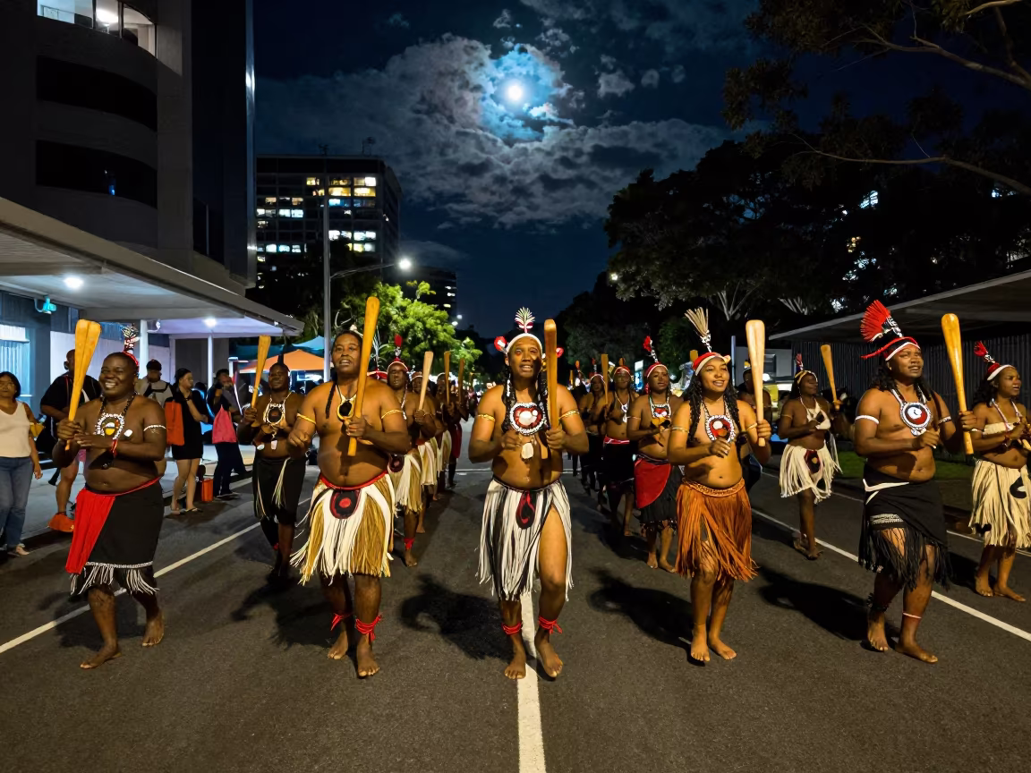 Garma Festival Night Procession Sydney Moonlight in at a festival street procession in Barangaroo, Sydney