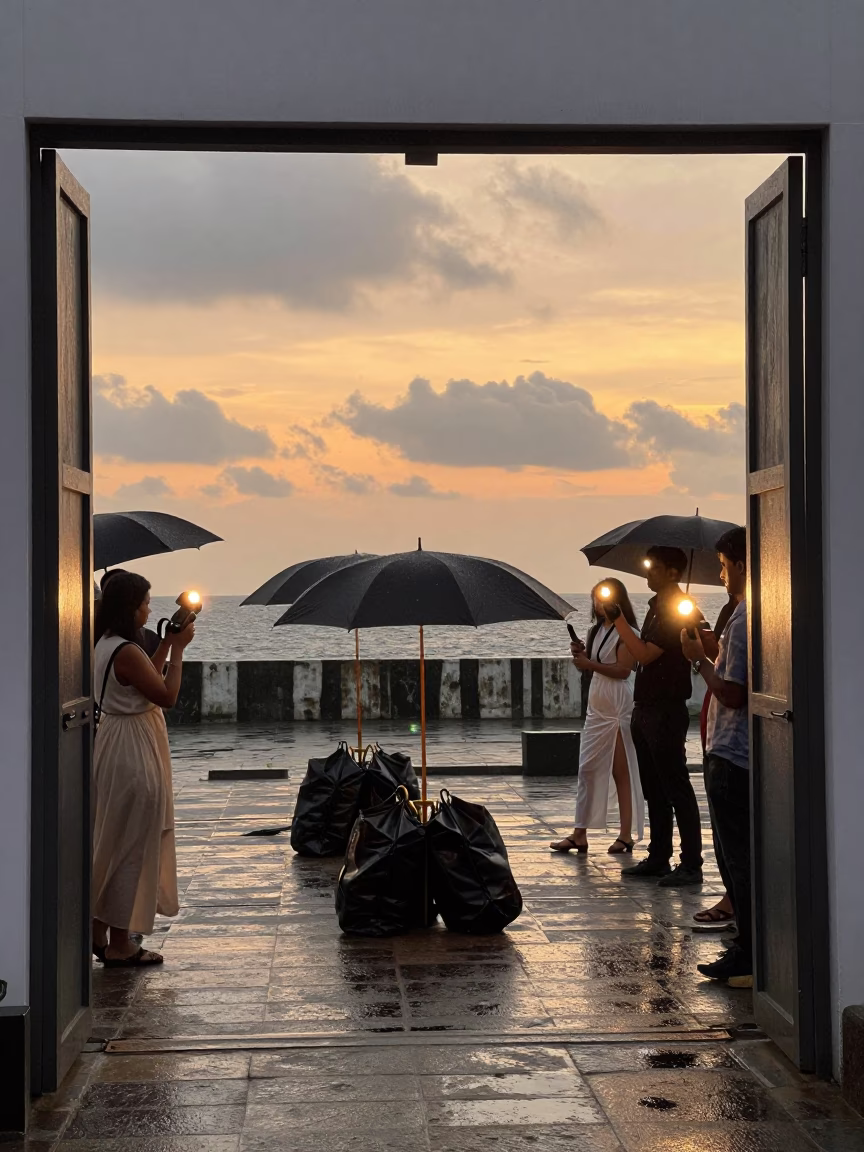 Garment Bags Rolling on Wet Stone Under Umbrellas in against a wind-beaten harbor wall near Surat