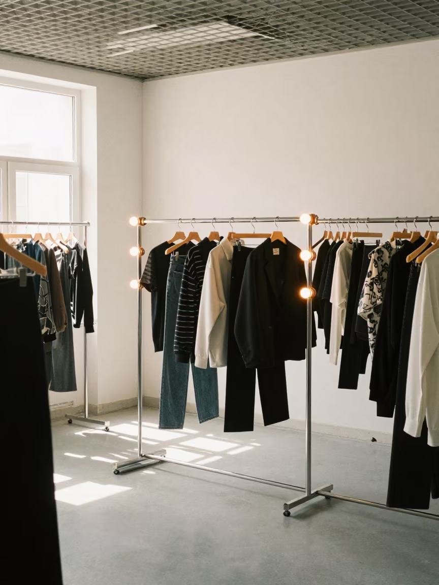 Garment Rack Mirror Bulbs Warehouse Showroom Tabriz in inside a minimalist showroom near Tabriz