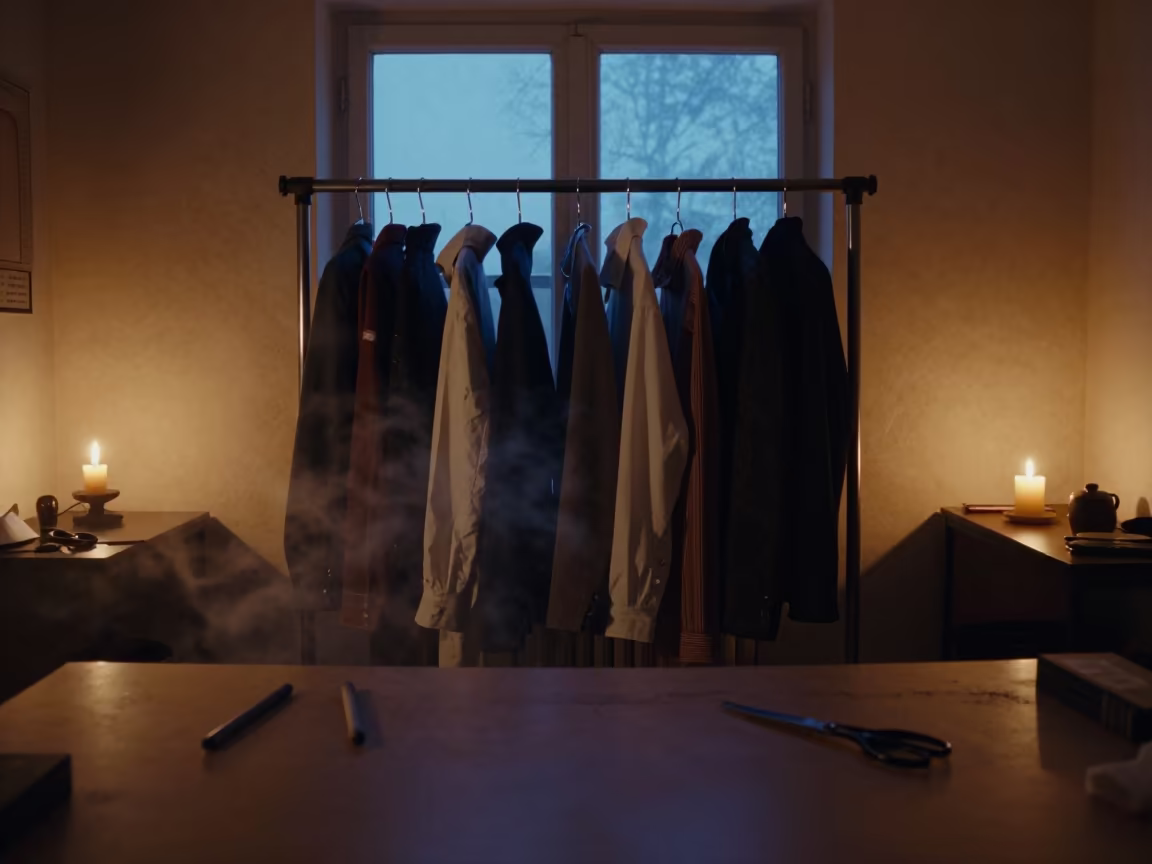 Garment Rack in Tailoring Room Zhengzhou in at a tailoring table strewn with chalk and shears in Zhengzhou