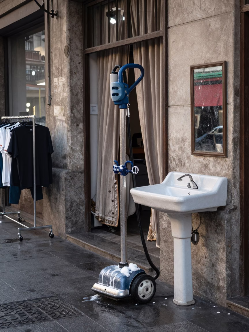 Garment Steamer Damp Sidewalk Santiago Dawn in on a rain-darkened city sidewalk in Mercado Central, Santiago
