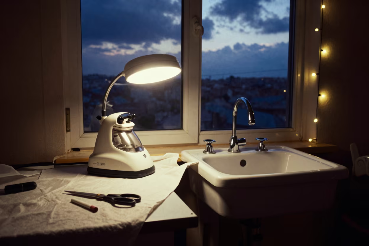Garment Steamer and Sink Under Predawn String Lights in at a tailoring table strewn with chalk and shears near Ankara