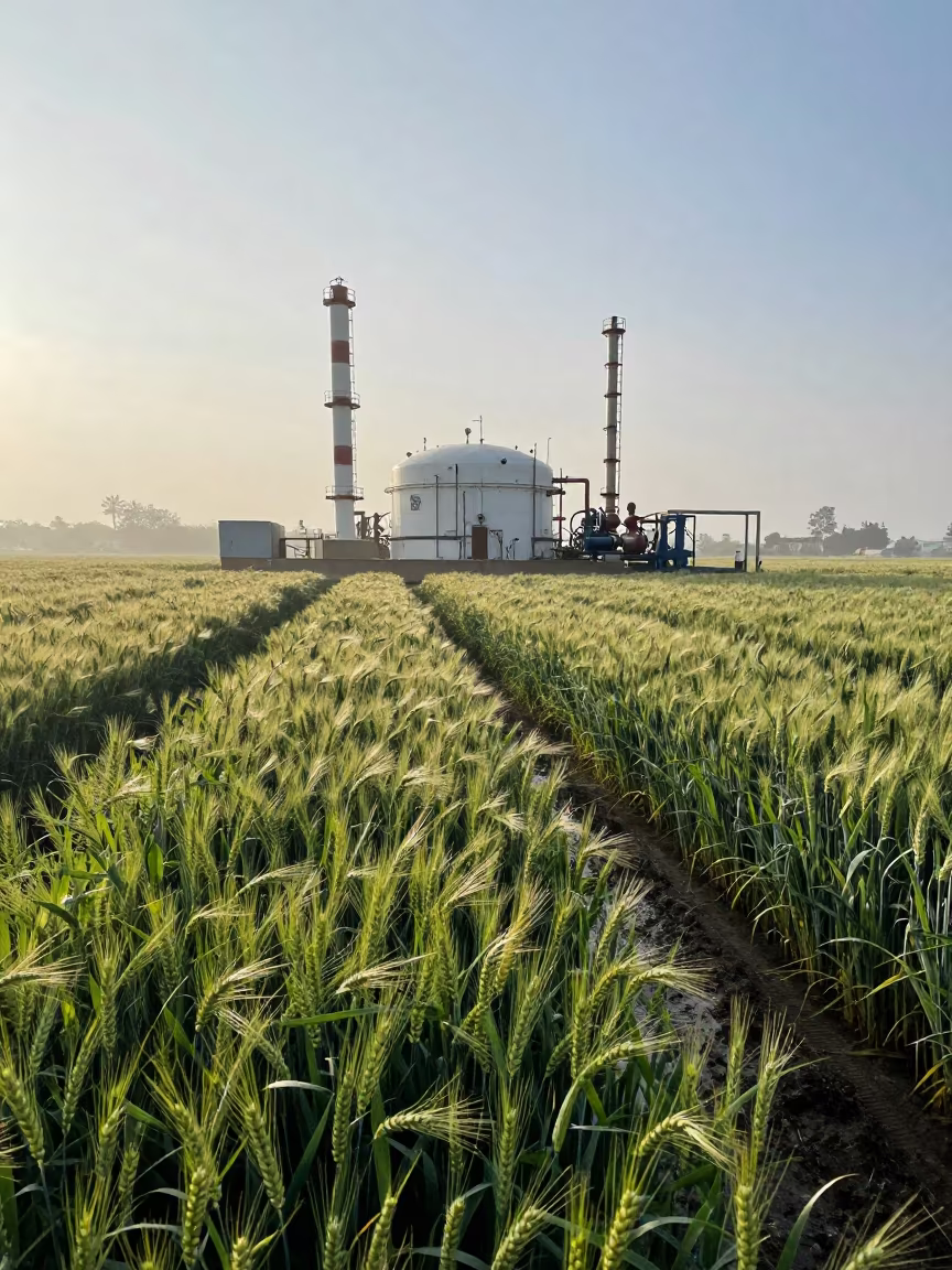 Gas Compressor Station in Wet Wheat Field in along freshly irrigated rows in Kinshasa