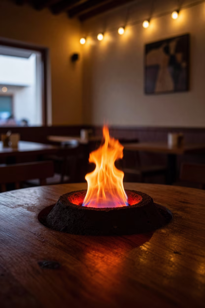 Gas Crater Model on Cafe Table at Night in on a cafe table by a window in Nouakchott