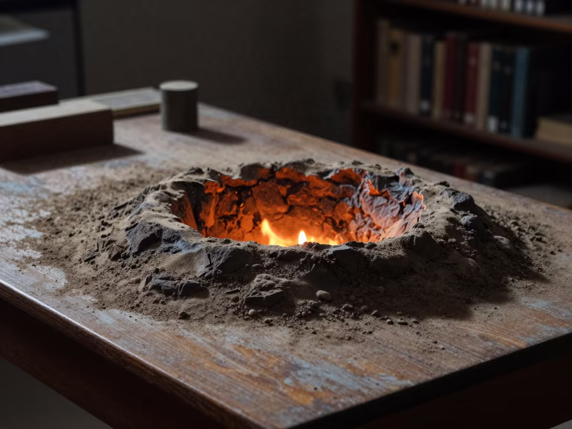 Gas Crater Replica on Library Table Riyadh Night in on a dusty library table in Riyadh