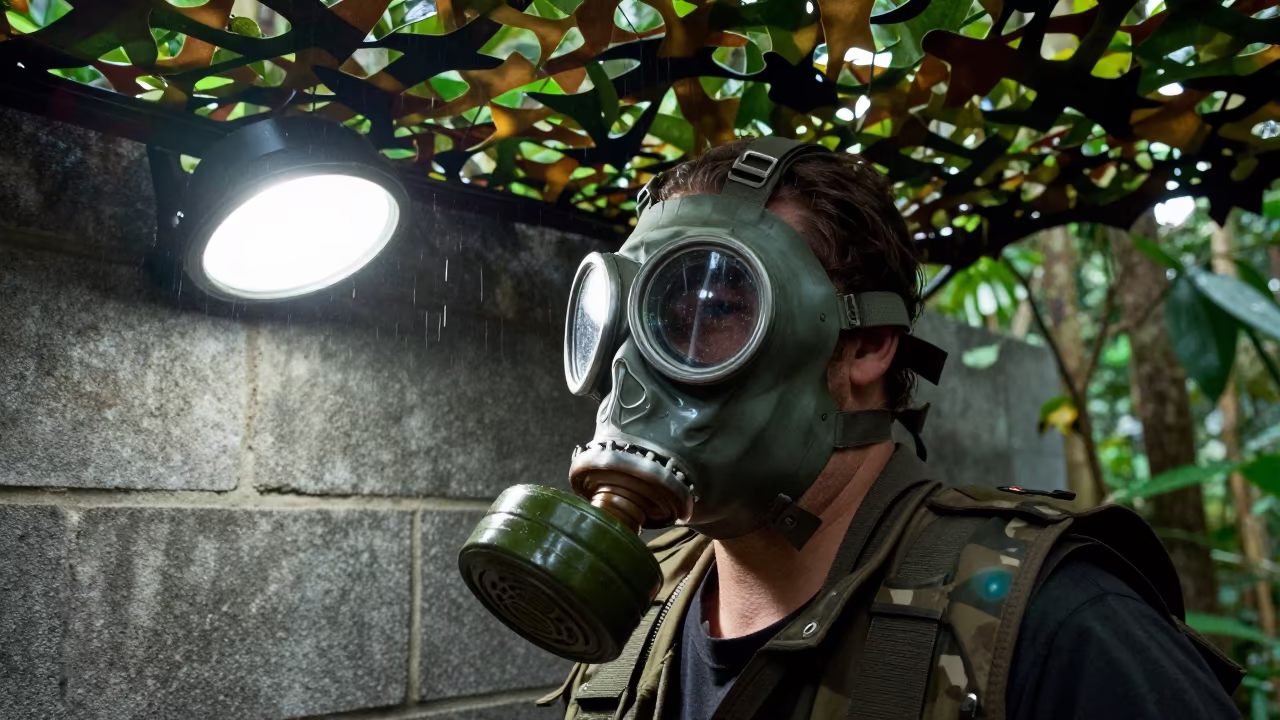 Gas Mask Lens Bin Under Shelter in Amazon Rainforest in beneath a camouflage net shelter in Amazonas