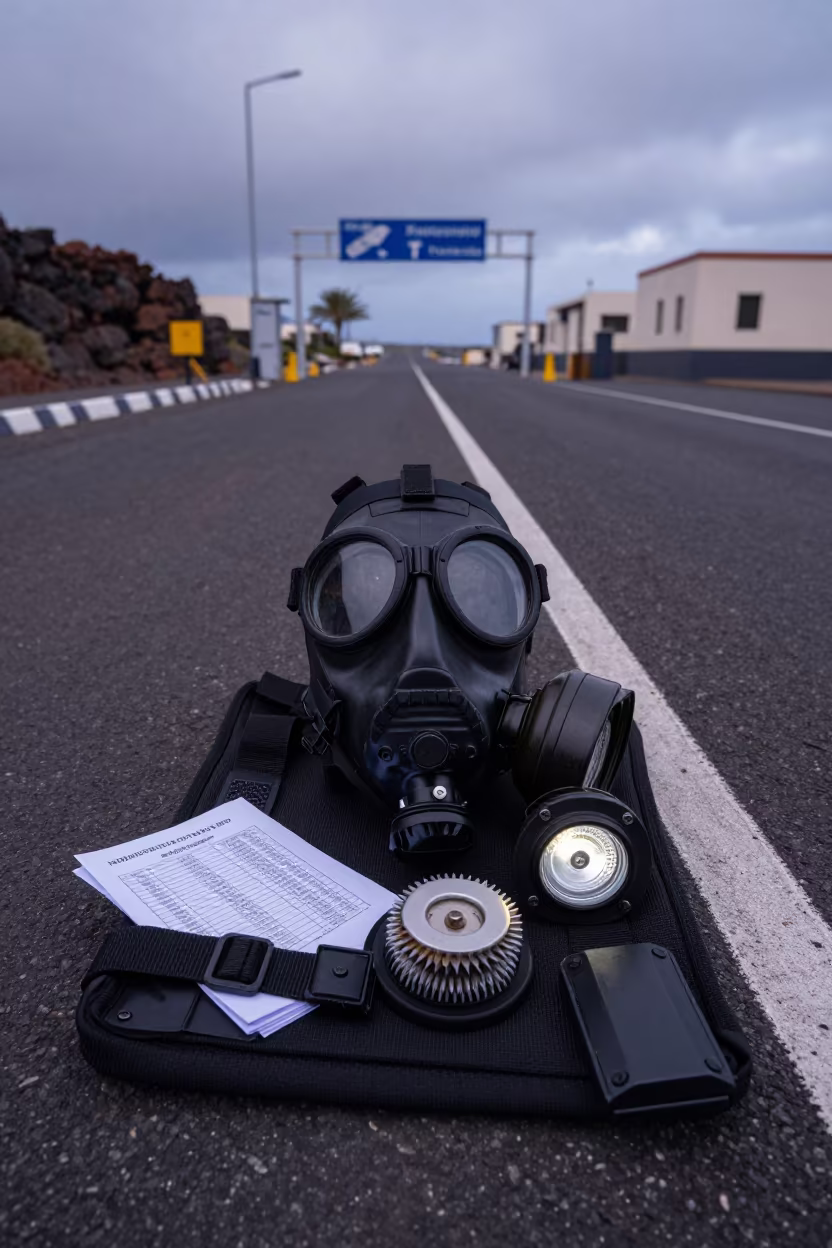 Gas Mask Lens Pouch on Utility Light in at a checkpoint lane in the Canary Islands