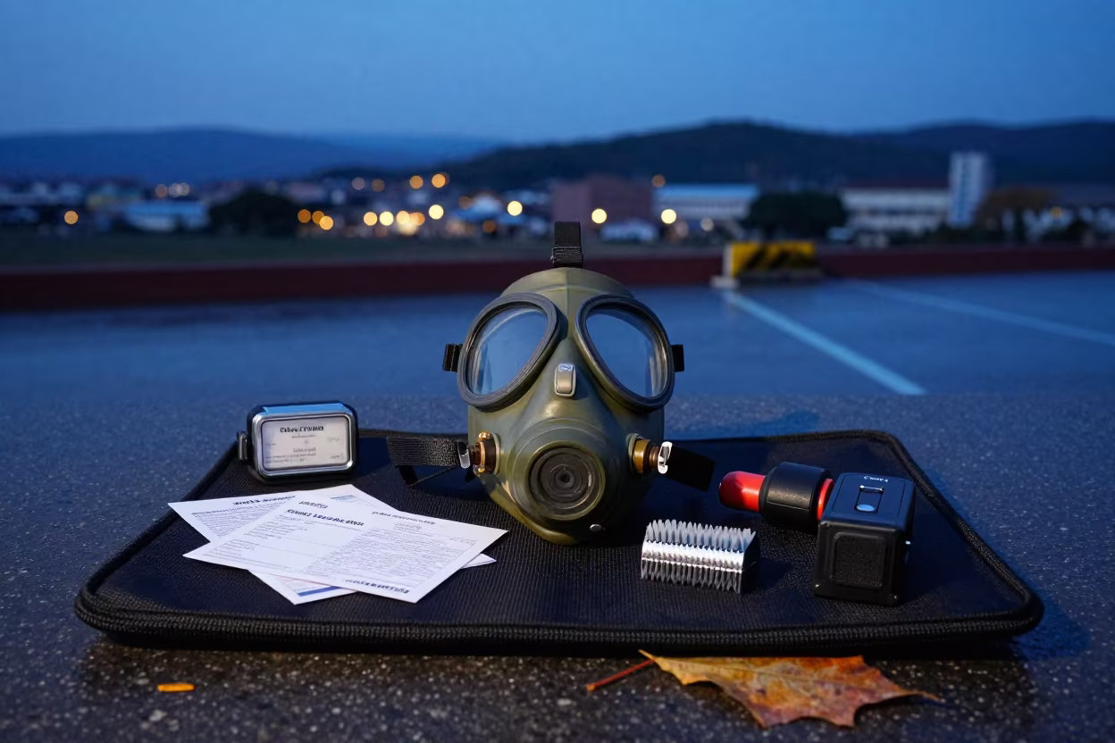 Gas Mask Lens Pouch Under Utility Light in at a checkpoint lane in Okayama