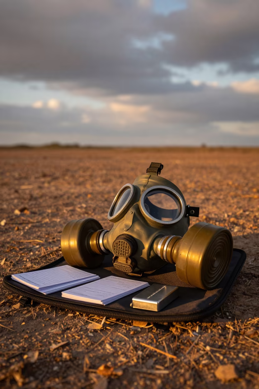 Gas Mask Lens Pouch Under Utility Light in Italy in beside a convoy halt on open ground in Italy