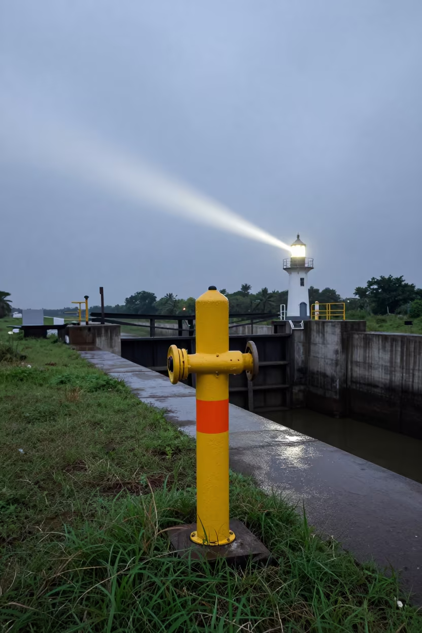 Gas Pipeline Marker at Canal Lock Before Dawn in at a canal lock chamber in Telangana