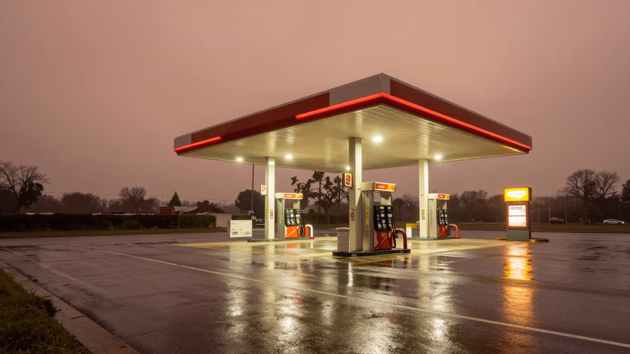 Gas Station in Copper Light at Dusk in inside a vaulted atrium near Victoria Seychelles