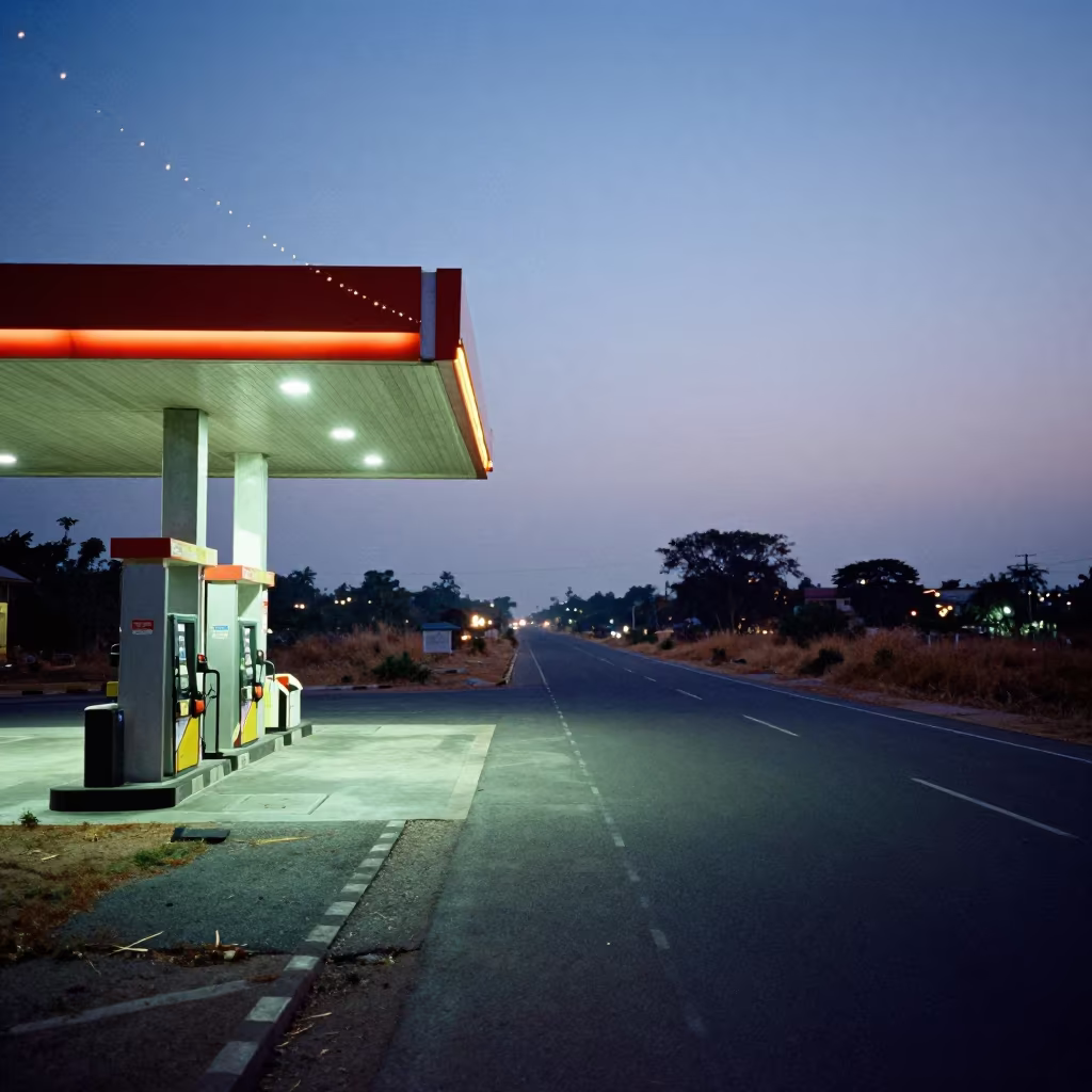 Gas Station Glow on Rural Road at Dusk in inside a ribbed concrete lobby near Mysore