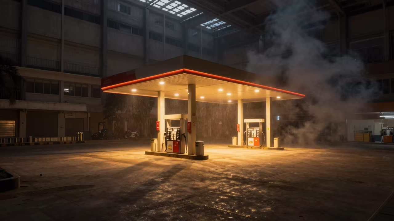 Gas Station Glowing in Surreal Delhi Atrium in inside a vaulted atrium near Delhi