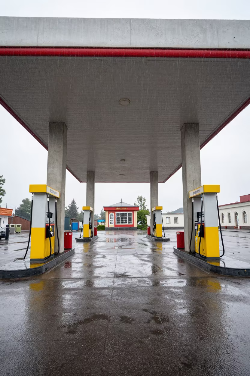 Gas Station in Skylit Passageway Monsoon Drizzle in inside a skylit passageway near Makhachkala