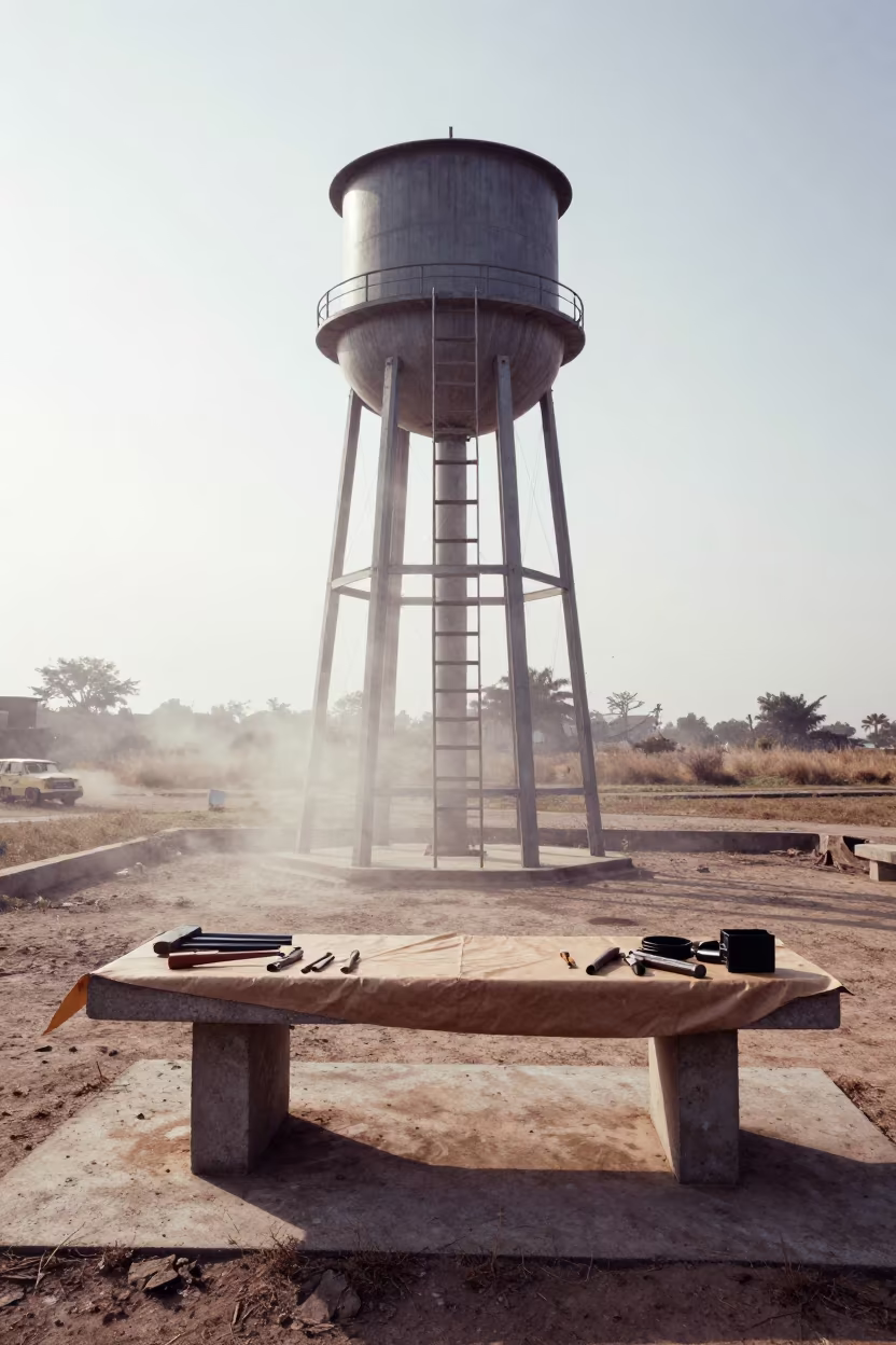 Gasket Paper Tools Pumping Station Workshop Bench in beside a water tower ladder near Abeokuta